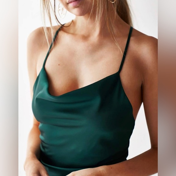 Women's Green Sleeveless Spaghetti Strap Satin Dress with Cowl Neck Size XS - Picture 2 of 11